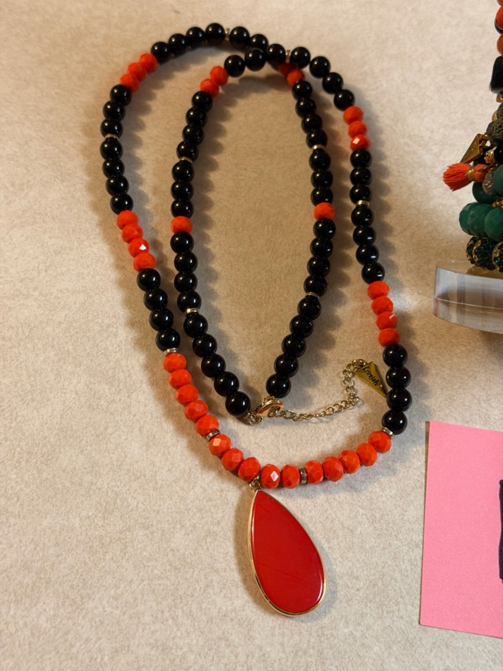 Erimish Orange, Black & Green 14 Bracelet Stack with Orange Teardrop Necklace - Picture 3 of 3